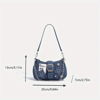 حقيبة عصرية من قماش الدنيم تحت الإبط، حقائب يد عصرية من قماش الهلال مع حزام سلسلة، حقيبة كتف من قماش الدنيم 3