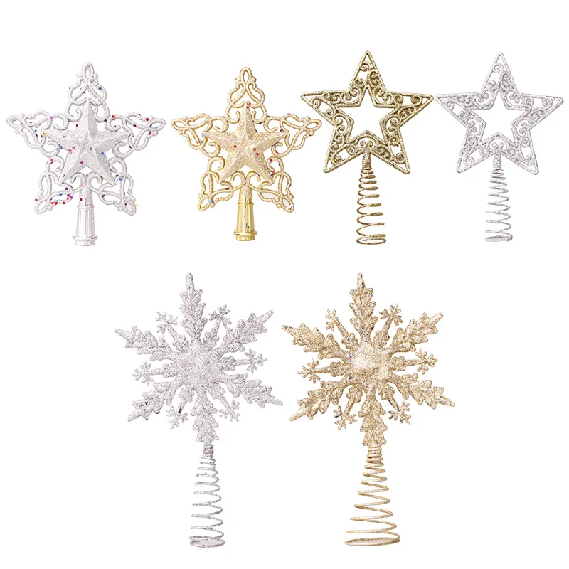 Christmas Tree Top Ornaments Gold Silver Glitter Snowflake Star Xmas Tree Christmas Decoration for Home Shop Store New Year 2023