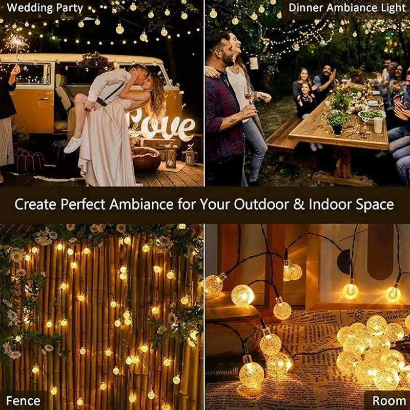 LED Solar Crystal Ball Fairy String Lights Outdoor Waterproof 8 Lighting Modes for Garden Yard Party Christmas Wedding Decor