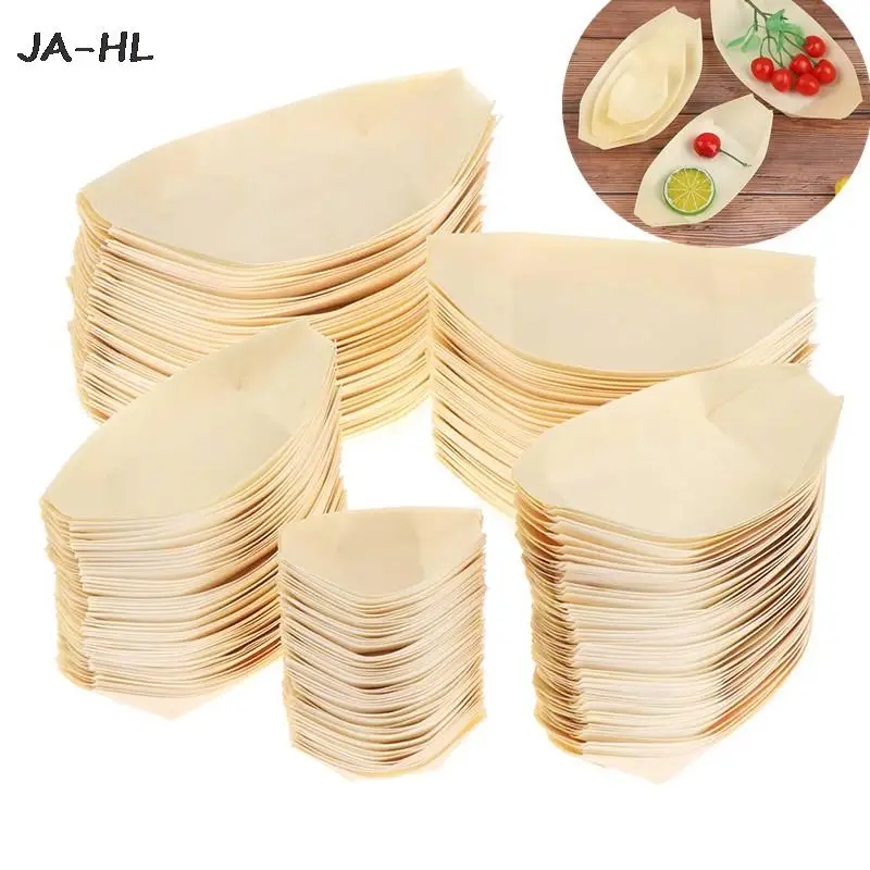 

Hot 50pcs/lot Sushi Shushi Wood Boat Natural Bamboo Disposable Kayak Salad Dessert Pine Cake Boat Snack Bowl Mat Sushi PlateTray