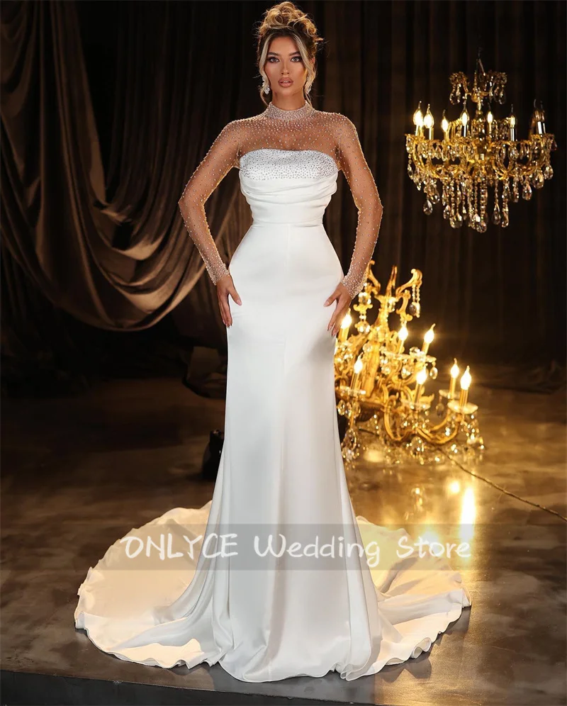 

New Design Mermaid Wedding Dress 2024 Mesh Sleeves Sexy Beads Crystals Bridal Gowns Lace-Up Bride Gown Robe De Mariée