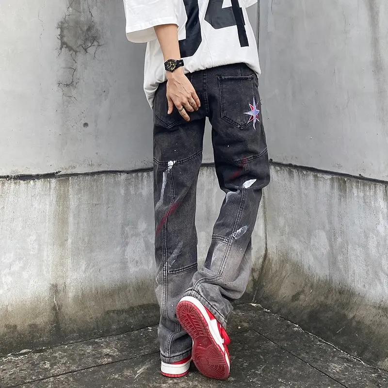 2022 Splash Ink Star Embroidery Vintage Grey Baggy Men Jeans Pants Straight Loose Hip Hop Women Denim Trousers Pantalones Hombre
