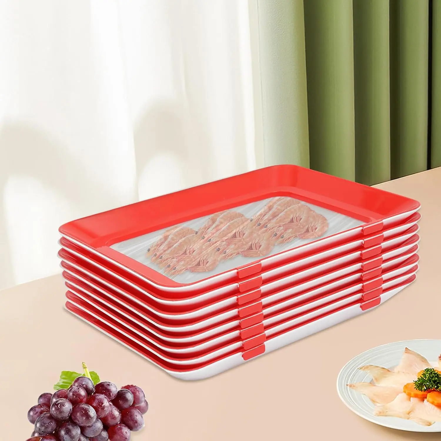 8 Stück Frischhalteschalen, wiederverwendbares Lebensmittelkonserviertablett, stapelbar, 30 x 22 x 3 cm für Gemüse, Obst, Fleisch, Fisch – Detail 3