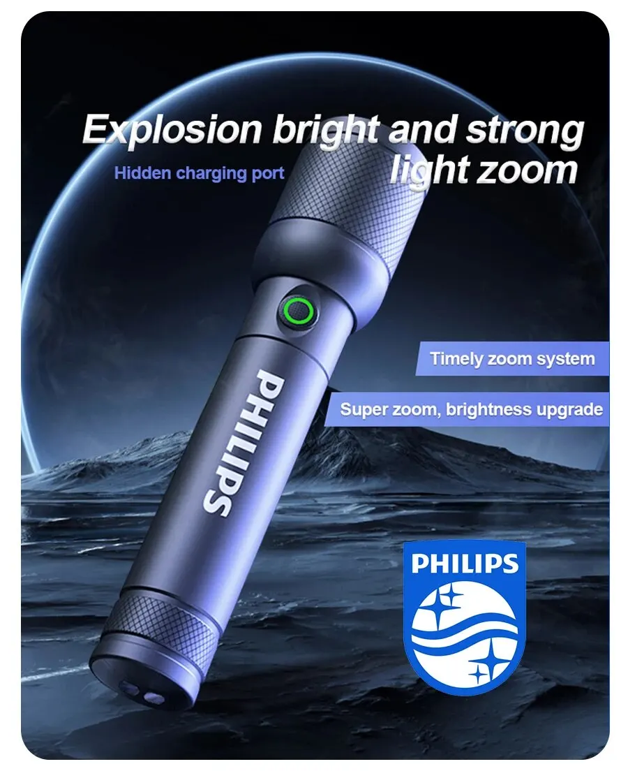 Philips-6168 Lanterna com Zoom Óptico, Lanterna Portátil, Tipo-C, 4 Modos de Iluminação, Autodefesa, Camping, Lanterna, 6168