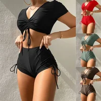 Sexy Bikini Swimsuit Women's Solid Color Short Sleeve Separate Thermal Spa Vacation Swimming Suit Comfortable Female Swimwear