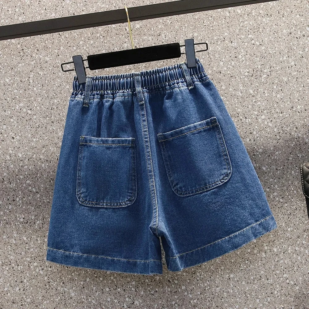 Loose High Waist Casual Elastic Denim Shorts Preppy Style Lace-Up Large Size Wide Leg Jeans Short Pants Pantalones Cortos Summer