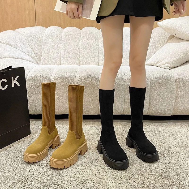 Sock Long Women Boots Solid Colors Platform 2022 Winter New Arrival Round Toe Fashion Novelty