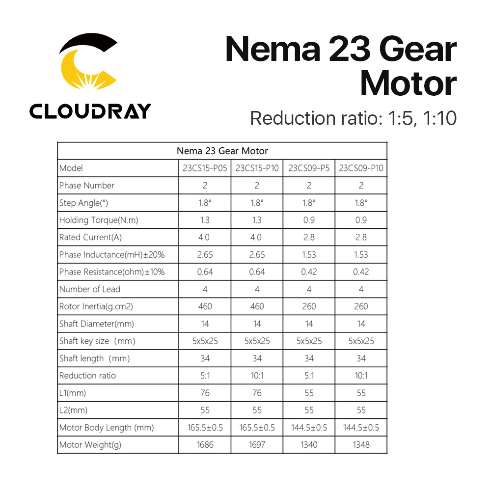 Cloudray Nema 23 Stepper Motor 4-lead 0.9/1.3N.m Planetary Gearbox Motor Nema 23 Ratio 5:1/10:1 For CNC motor gear