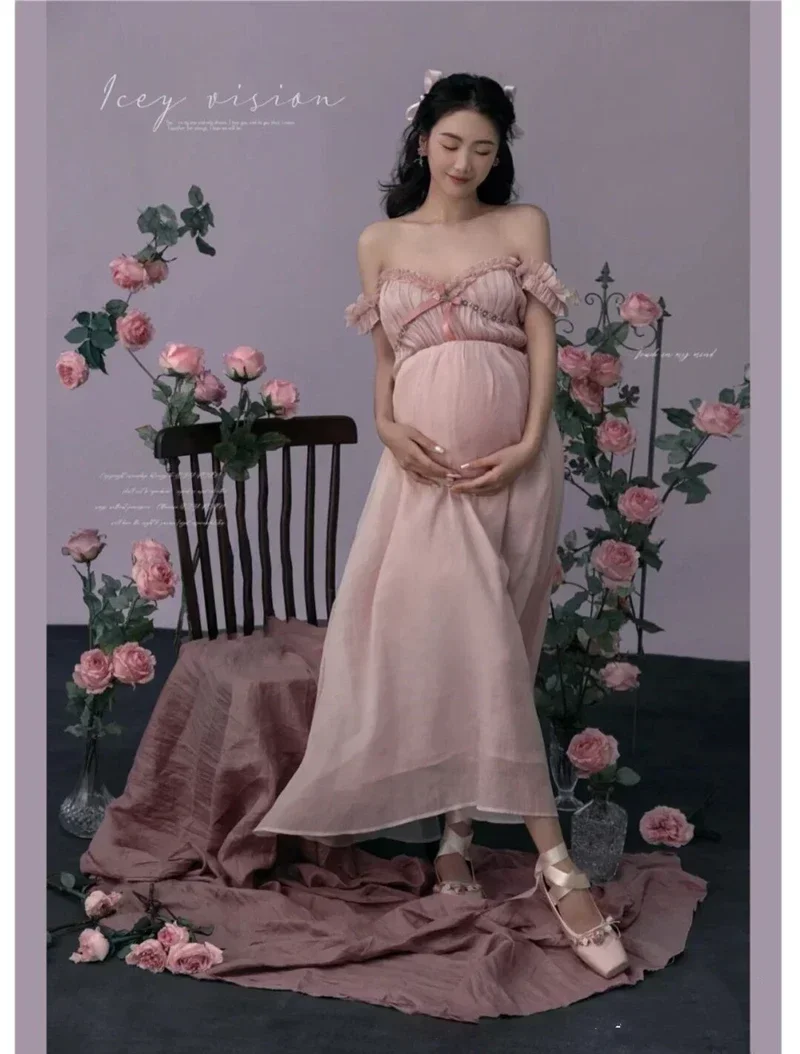 

Women Photography Props Maternity Dresses V-neck Pregnancy Pink Sweet Pregant Dress Studio Photoshoot Photo Clothes