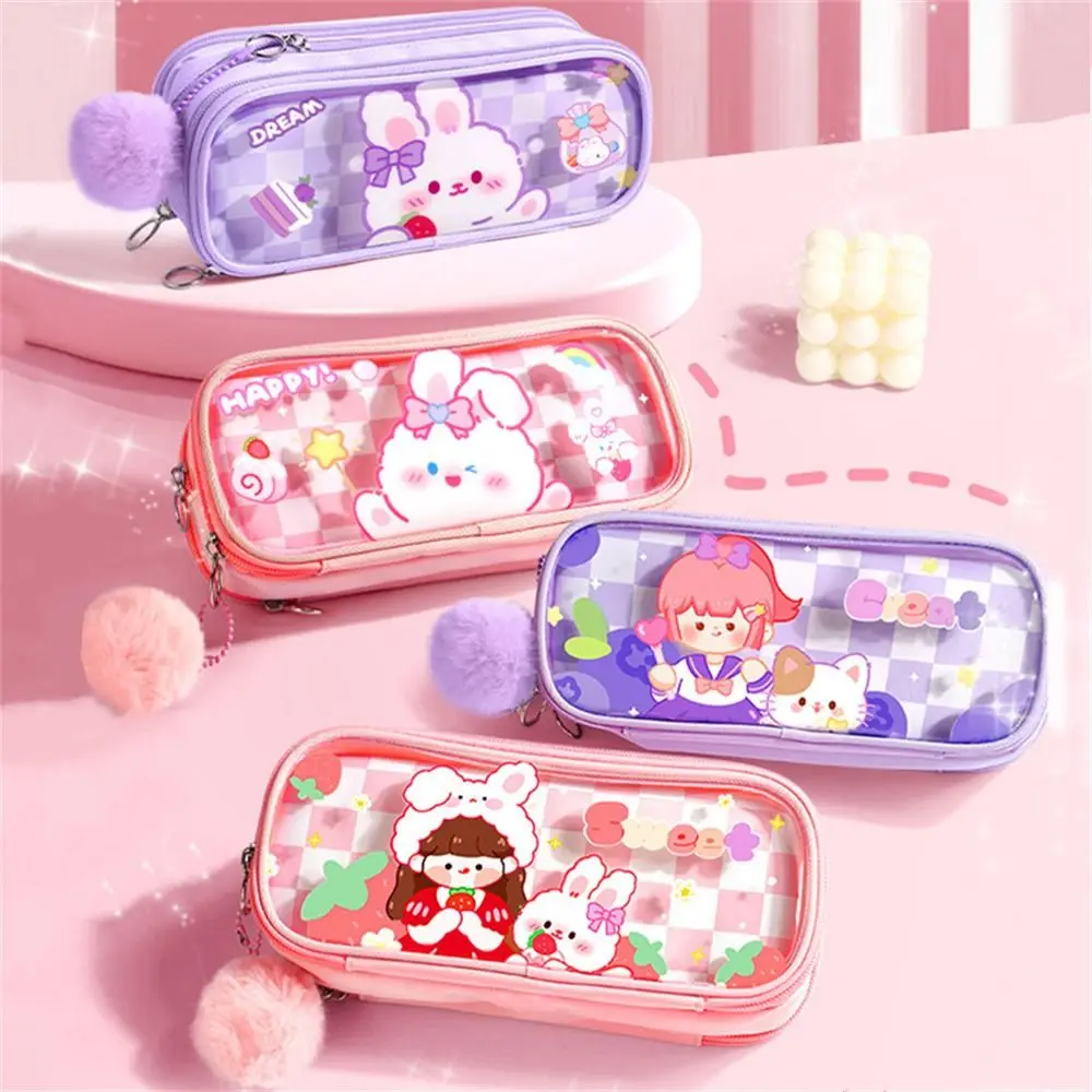 

Large Capacity Pencil Cases Pretty Transparent Waterproof Pencil Bag Pink Purple Girl Rabbit Pen Box School Supplies