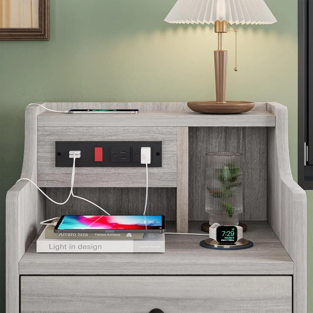 Nightstand set of 2 gray nightstand with charging station & hutch for bedrooms bedside table