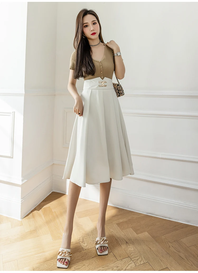 floral skirt Elegant Metal Buttons Pleated Midi Skirts Womens 2022 Spring Summer Korean Casual Fashion Slim High Waist A-line Skirt Female nike tennis skirt