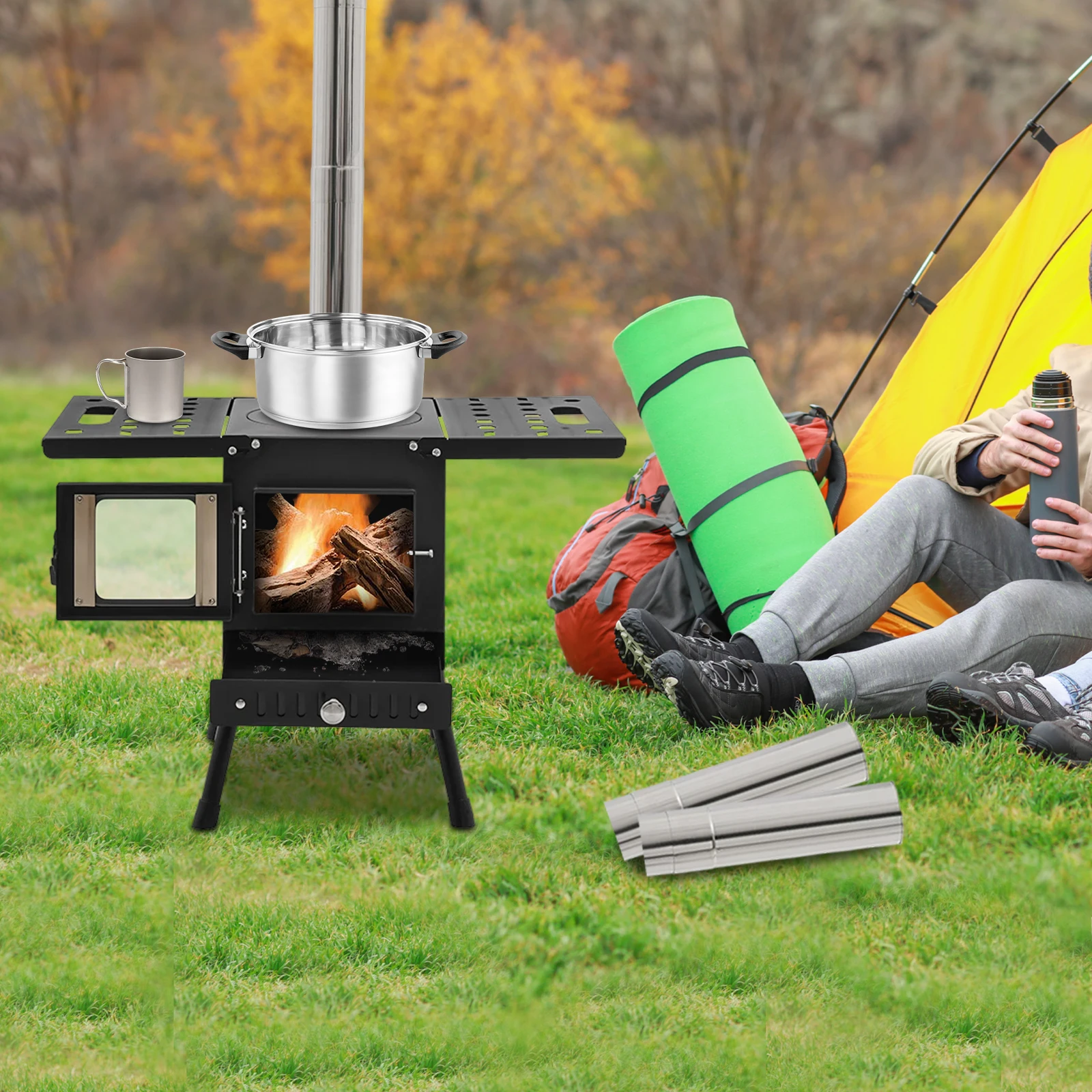 Klappbarer Outdoor-Camping-Holzofen Tragbarer Zelt-Ofen mit Verstellbarer Höhe und Schornstein für Outdoor-Heizung & Kochen & Wandern – Detail 17