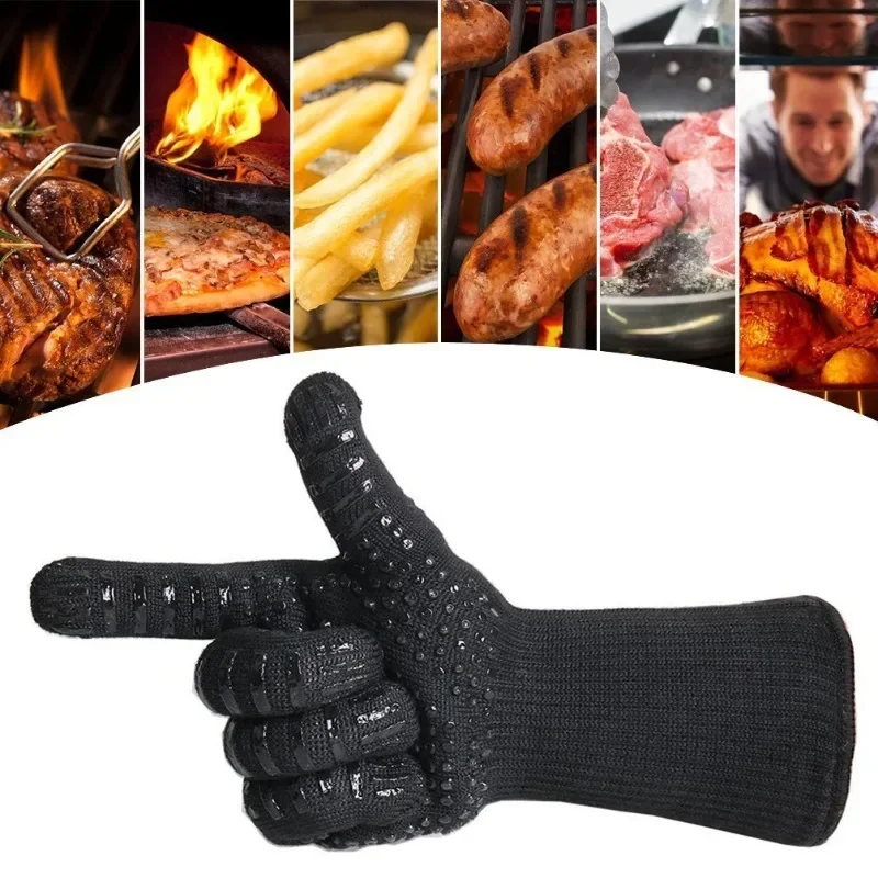 Kitchen Gloves BBQ Oven Gloves High Temperature Resistance Barbecue Mitts 800 Degrees Fireproof Anti Heat Insulation Microwave Glove for Baking