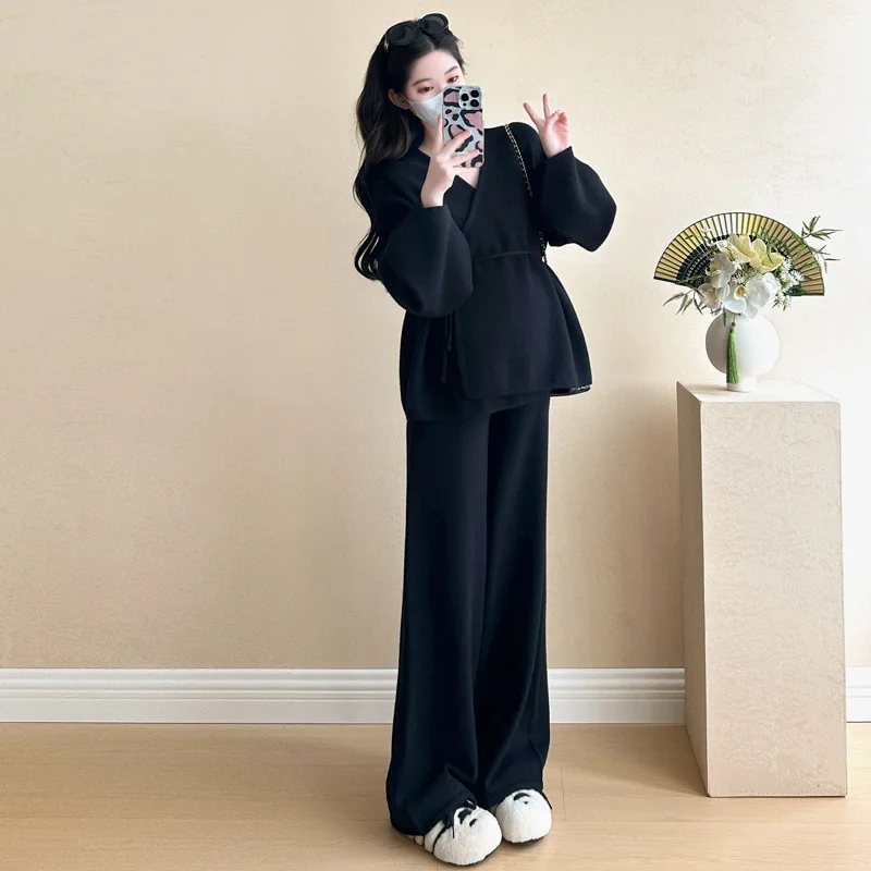 Maternity Wear Fall Winter Clothes Set Korean Lantern Sleeve Sweater+ Wide-leg Pants 2Pcs Fashion Models Suit Pregnant Clothes