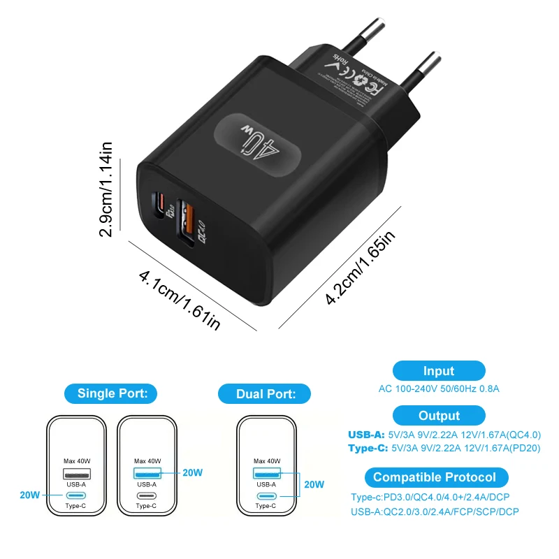 40W USB-C Fast Charger Adapter PD Wall Charger block PD QC 4.0 PPS Dual Port Type C Charger for iPhone Samsung Xiaomi oppo vivo — view 6