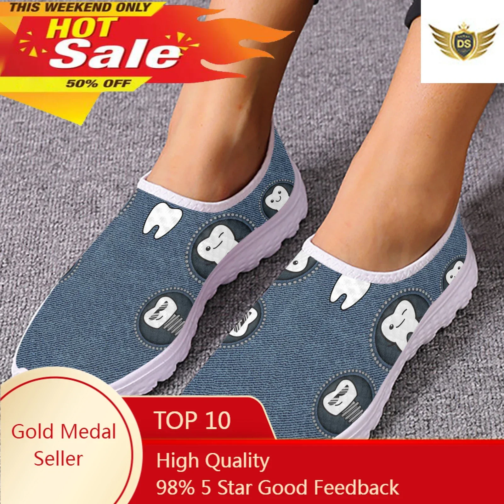 Cartoon Teeth Print Ladies Casual Slip On Dental Flats Comfortable Summer Breathable Mesh Shoes Zapatos Mujer