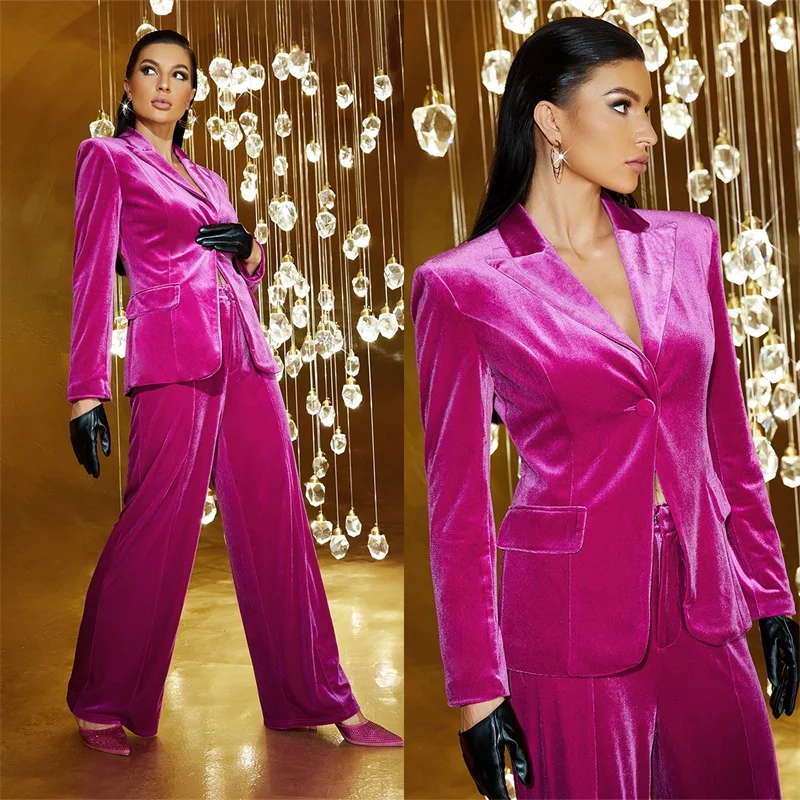 

Pink Velvet Women Suit Blazer 2 Pcs Pants Set Autumn Winter Sexy V Neck Prom Dress Office Lady Coat Jacket Tailored Costume
