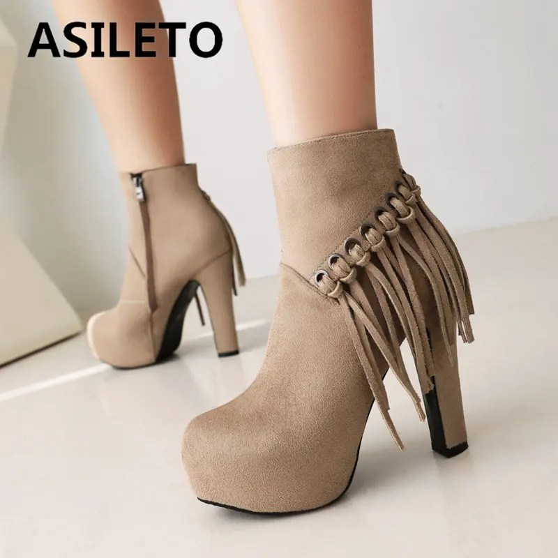 

ASILETO Flock Suede Women Ankle Boots Round Toe Chunky Heels 12cm Platform Zipper Tassels Plus Size 42 43 Elegant Party Bota