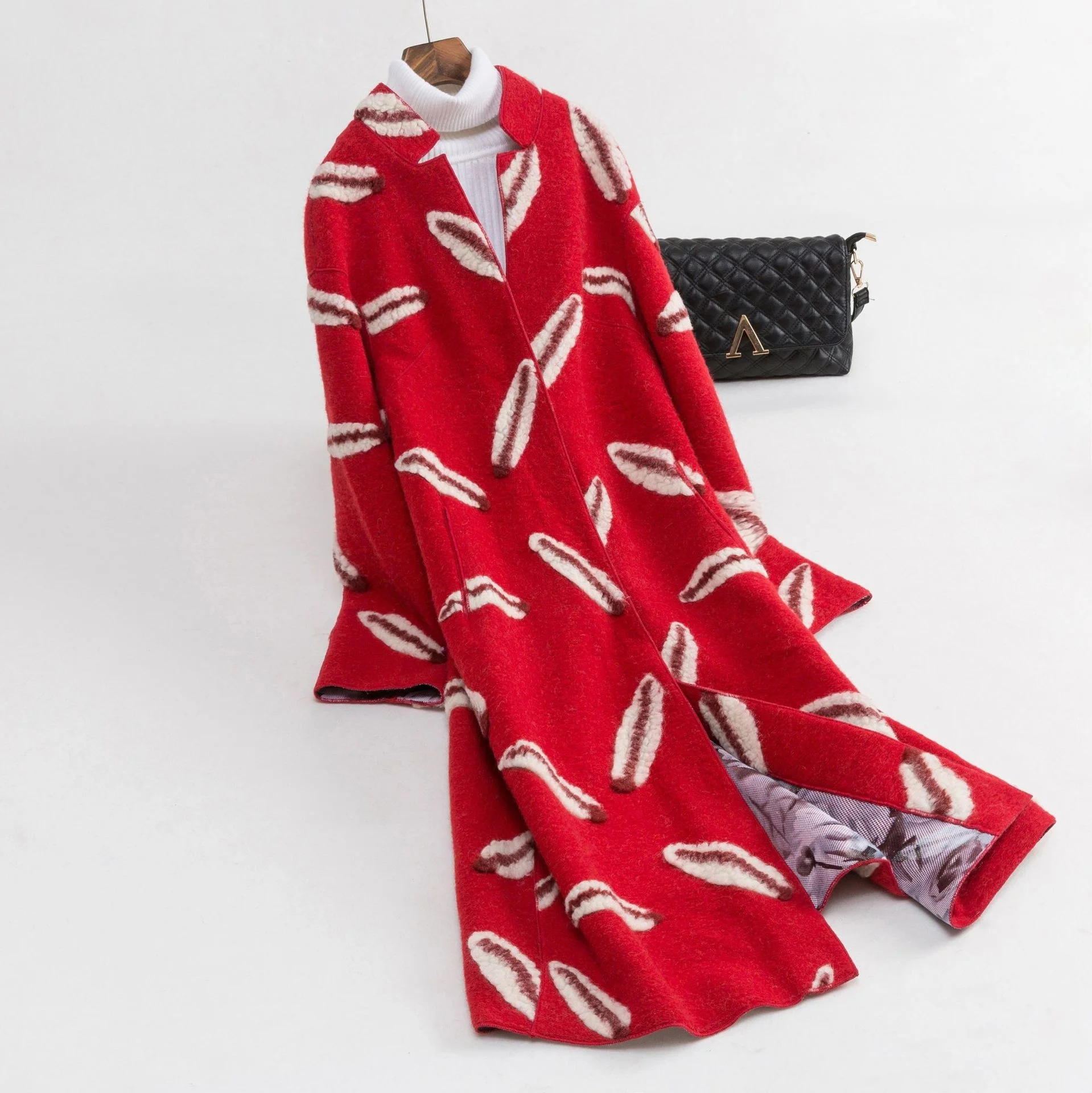 

Women’s Fall Winter Wool Jacket Clothing Korean Stylish Long 3D Jacquard 100% Woolen Coats Elegant Soft Female Outerwear