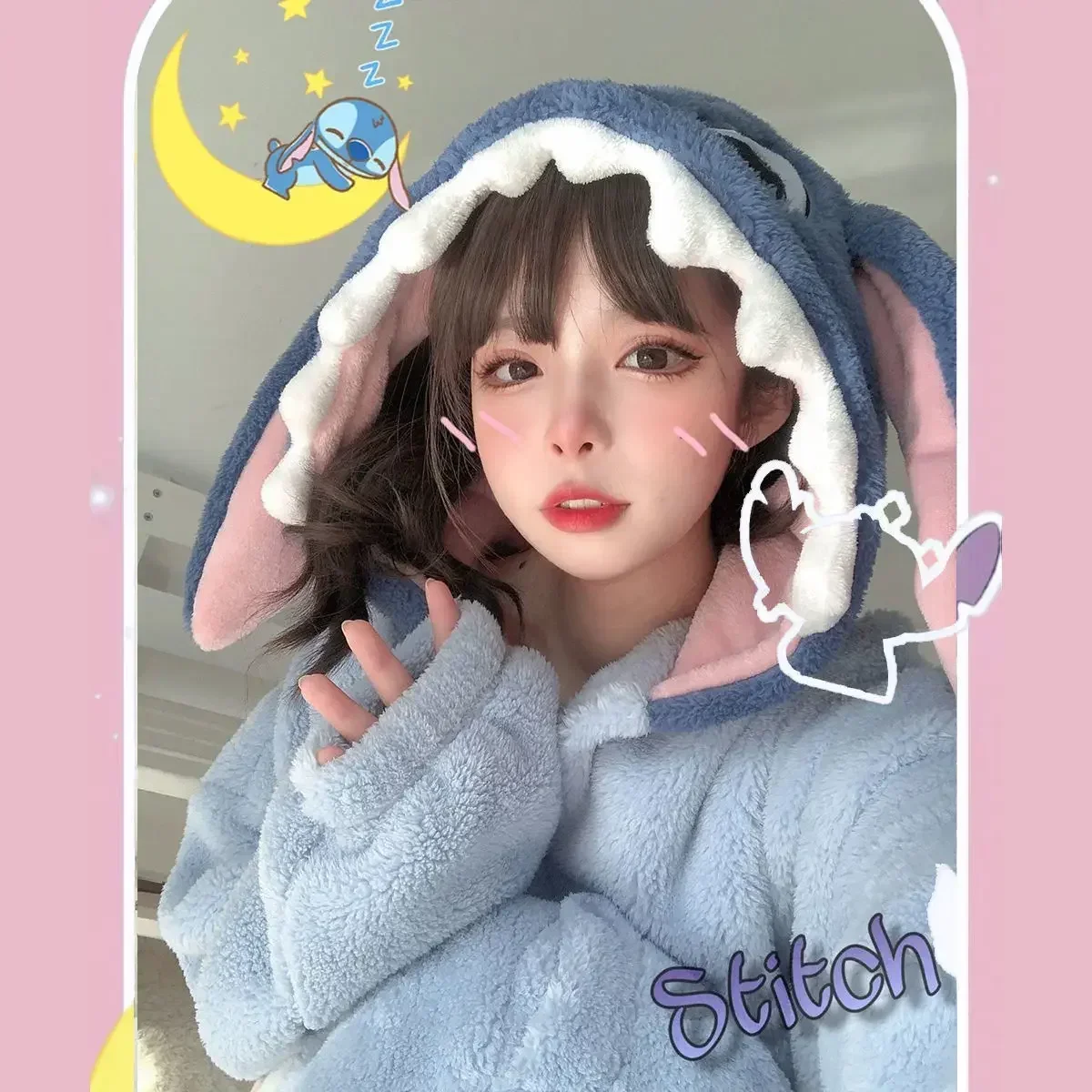 Kawaii Carton Stitch Flannel Sleepwear Pajamas Robe for Women Night Wear Warm Coral Velvet Women's Winter Pajamas Bathrobes