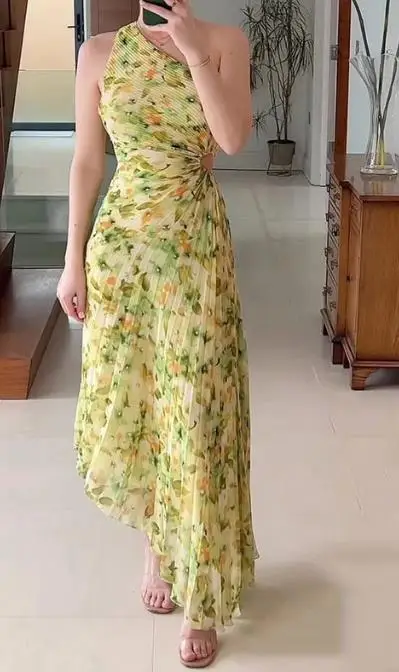 

Women's Long Dress Summer Casual One Shoulder Sleeveless Printed Long Dress