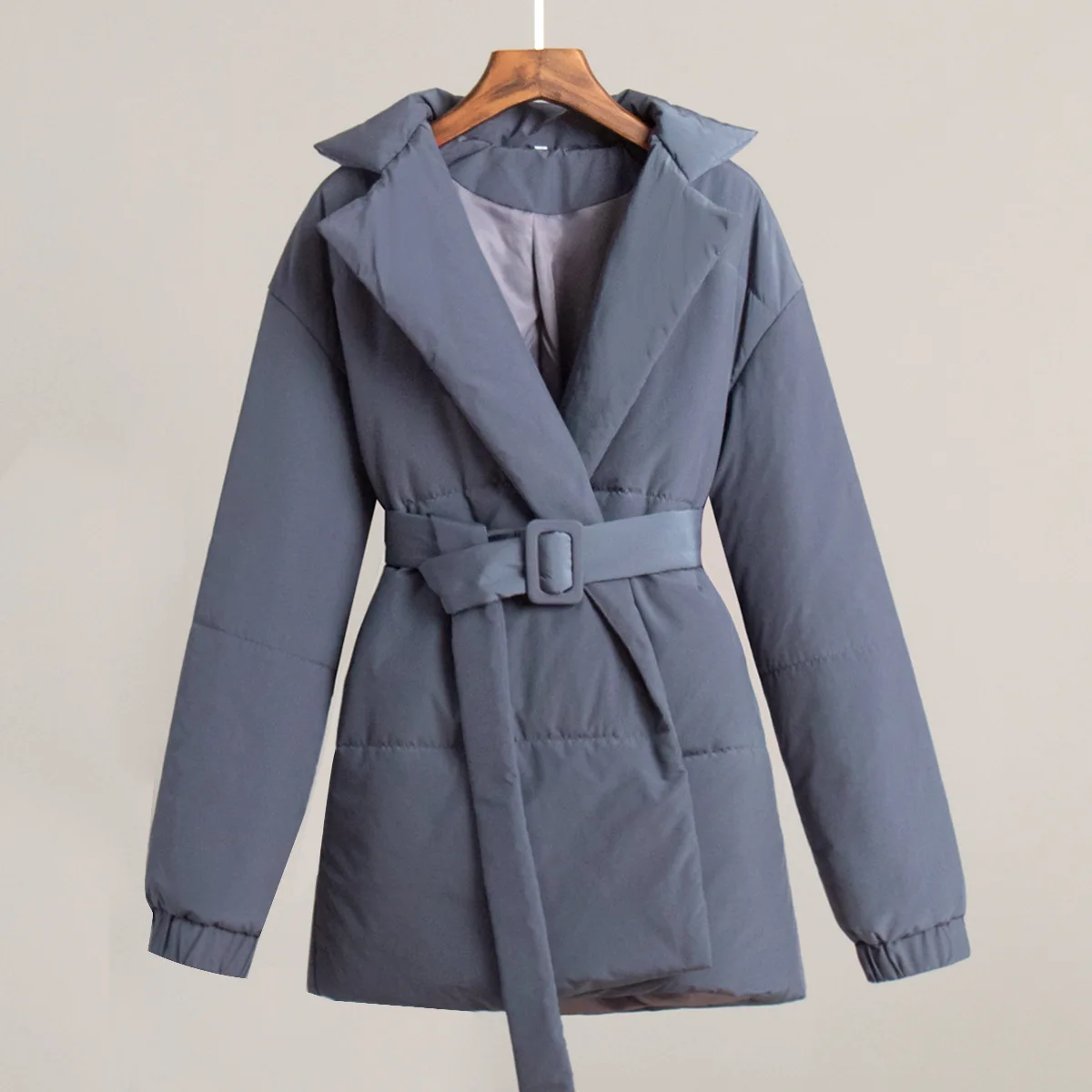 Winter Lace-Up Pocket Parkas Outwear Female V-Neck Loose Long Sleeve Fashion High Waist Bandage Coat Ladies Solid Outwear