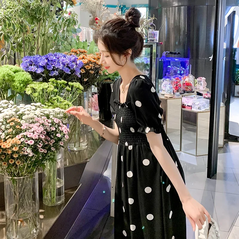 임산부 스퀘어 칼라 쉬폰 원피스 반팔 패션, 물방울 무늬 원피스, 하이 웨이스트, 임산부 의류, 여름