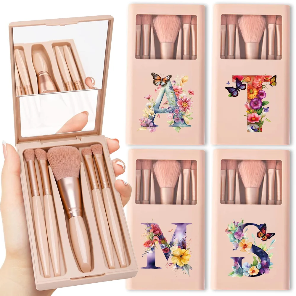 Description Picture 2 of item5 Pcs Makeup Brushes Kit Holder Box With Clear Mirror Soft Bristles Cosmetic Brush Set Protected Case Butterfly Letter Pattern