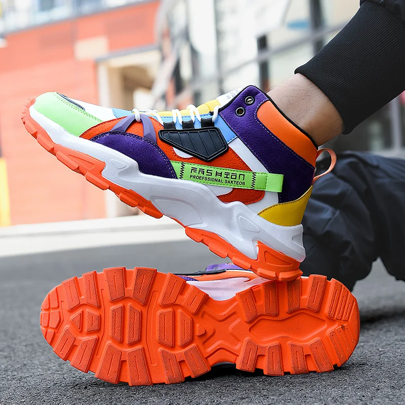 

Fashion Color Matching Outdoor Breathable Shoes 2023 Autumn New Men Sports Shoes Leather Lace Thick Bottom Casual Men's Shoes 45