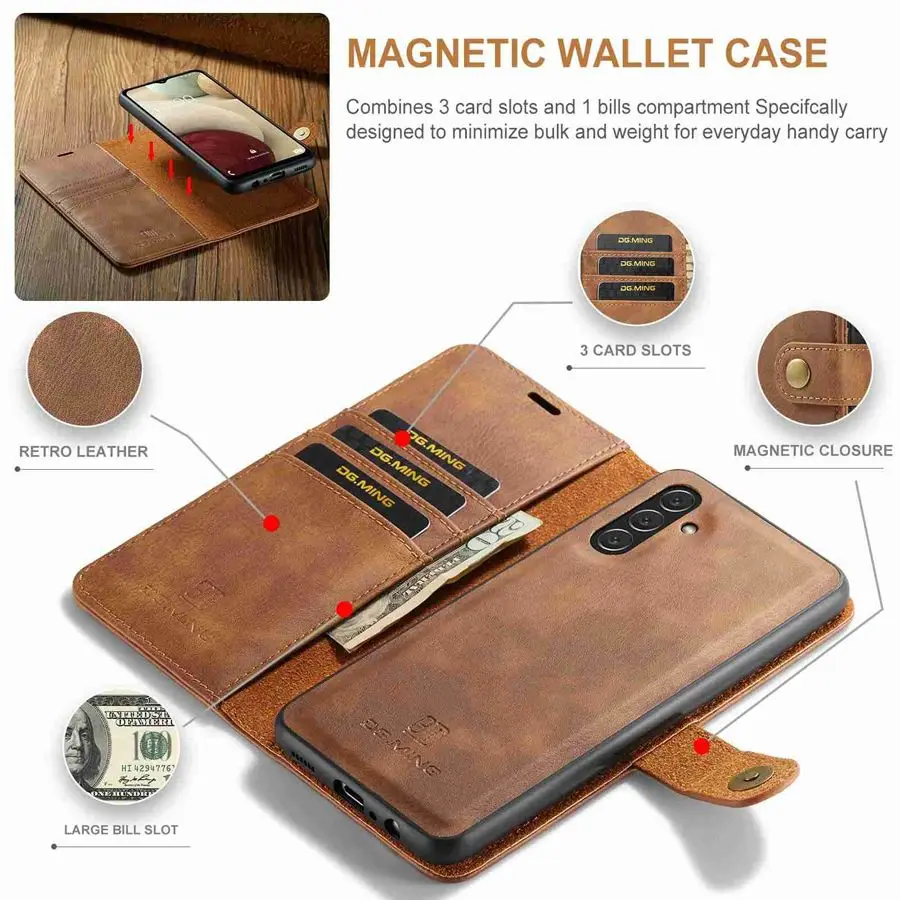 Detachable Magnetic Leather Wallet Case with Removable Flip Cover