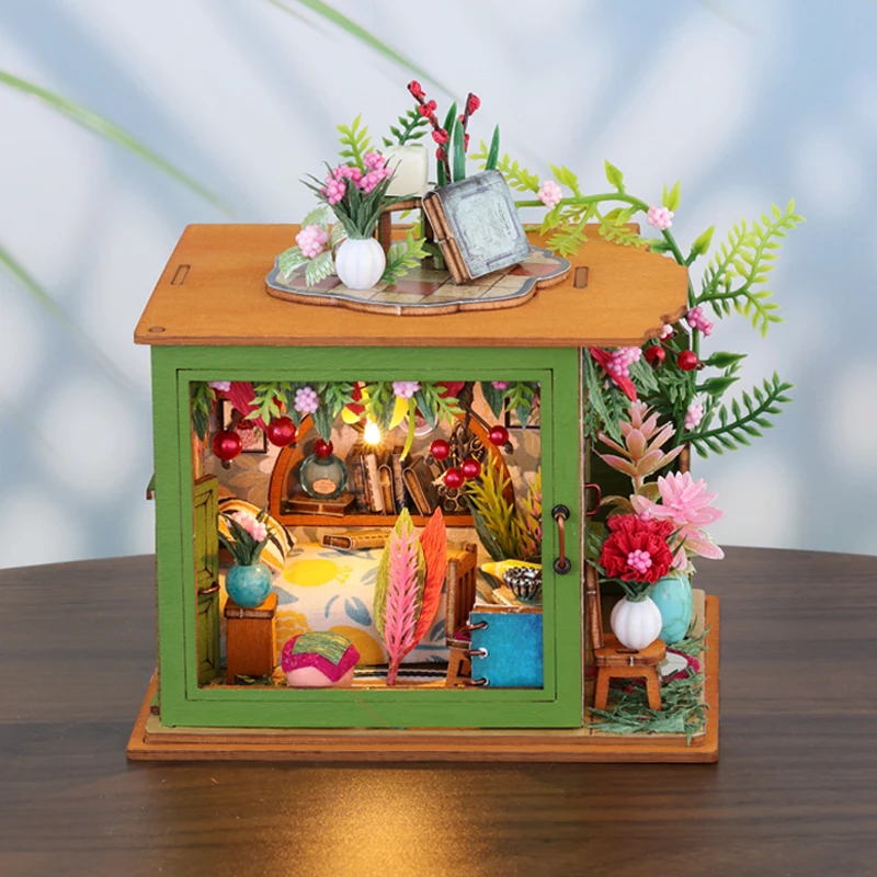 미니 주방 하우스 DIY 나무 미니어처 모델 키트, 카사 3D 퍼즐 커피 인형 집, 친구 크리스마스 선물 가구 조명