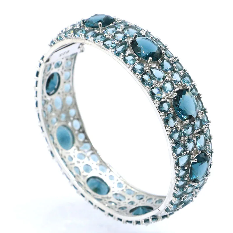 43g 925 SOLID STERLING SILVER Bangle Customized BRACELET Big Heavy Tanzanite London Blue Topaz Rhodolite Garnet Woman's 7.5inch