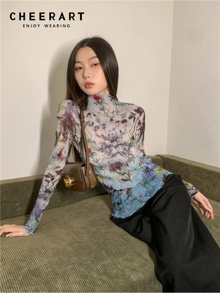 Cheerart Black Blouse Women Long Sleeve Shirt Oil Painting Print Vintage Top High Low Collar Button Shirt Clothing main image 1