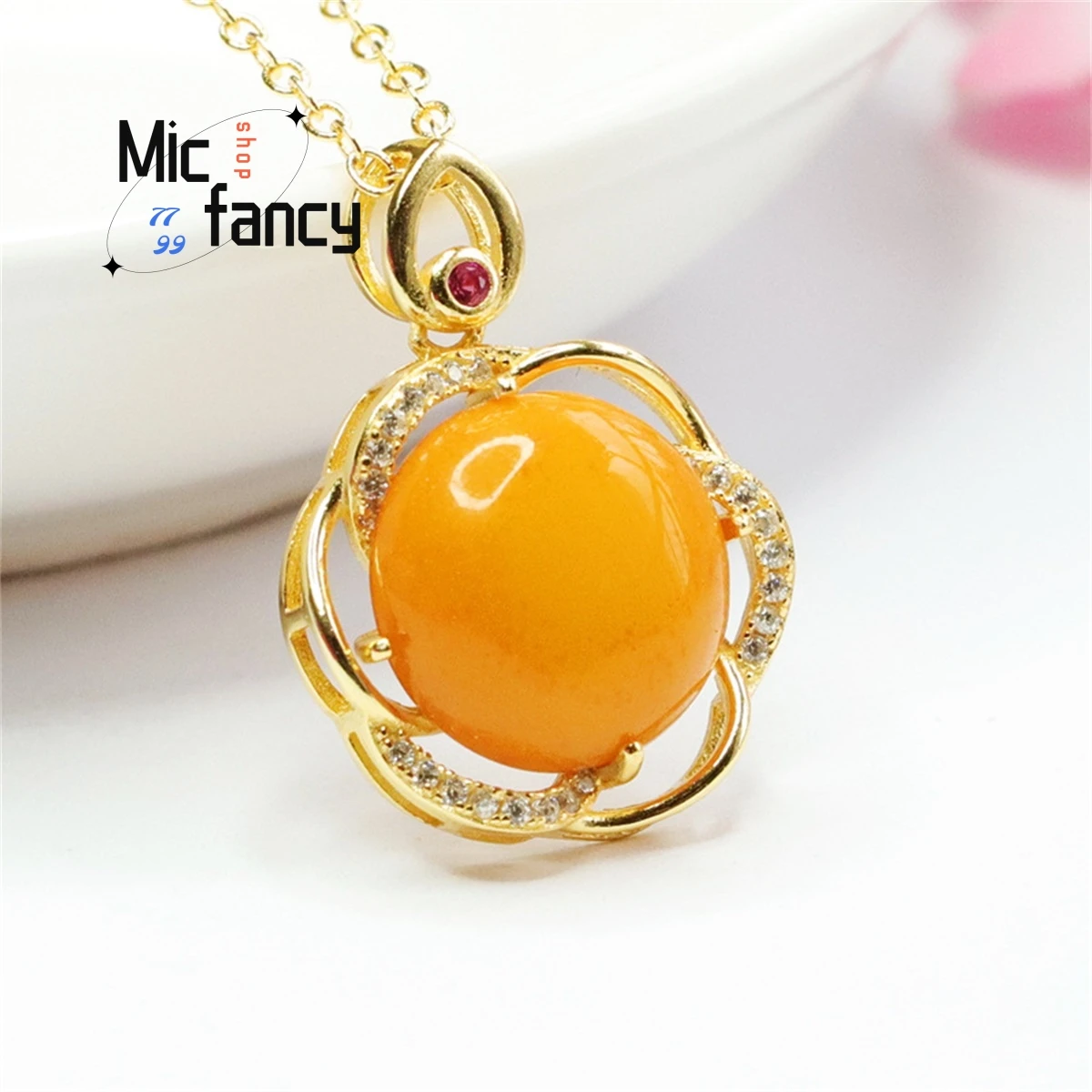 Natural S925 Inlaid With Old Material Honey Wax Chicken Oil Yellow Round Bead Necklace Pendant Versatile Exquisite Holiday Gift
