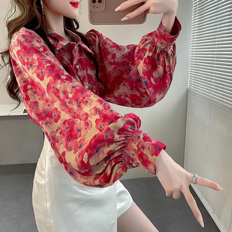 여성용 폴로 칼라 패션 랜턴 소매 셔츠, 우아한 캐주얼 루즈 프린팅 단추 가디건, 올매치 상의, 용수철 가을 신상