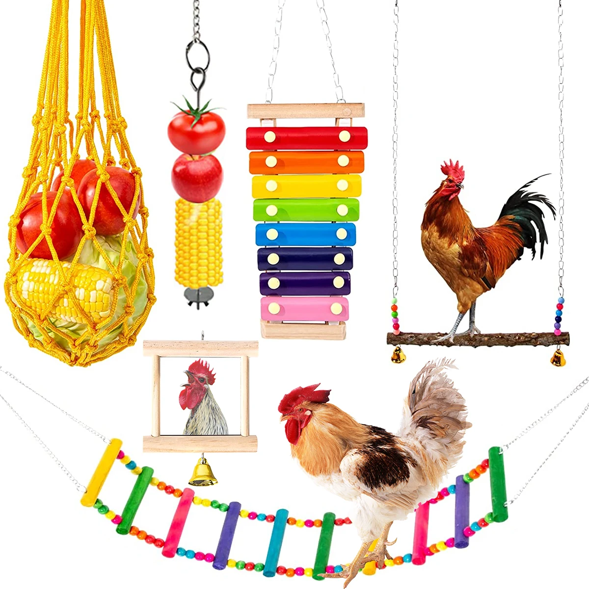 

6Pcs Chicken Toys Set Chewing Foraging Toys Parrot Playing Training Toys with Wooden Swing Fruit Vegetable Hanging Feeder