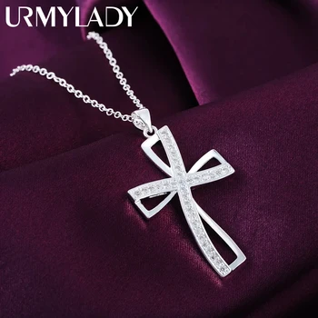 Promotions 45cm 925 sterling silver necklace charm for women cyrstal Cross pendant chain jewelry fashion cute wedding party 1