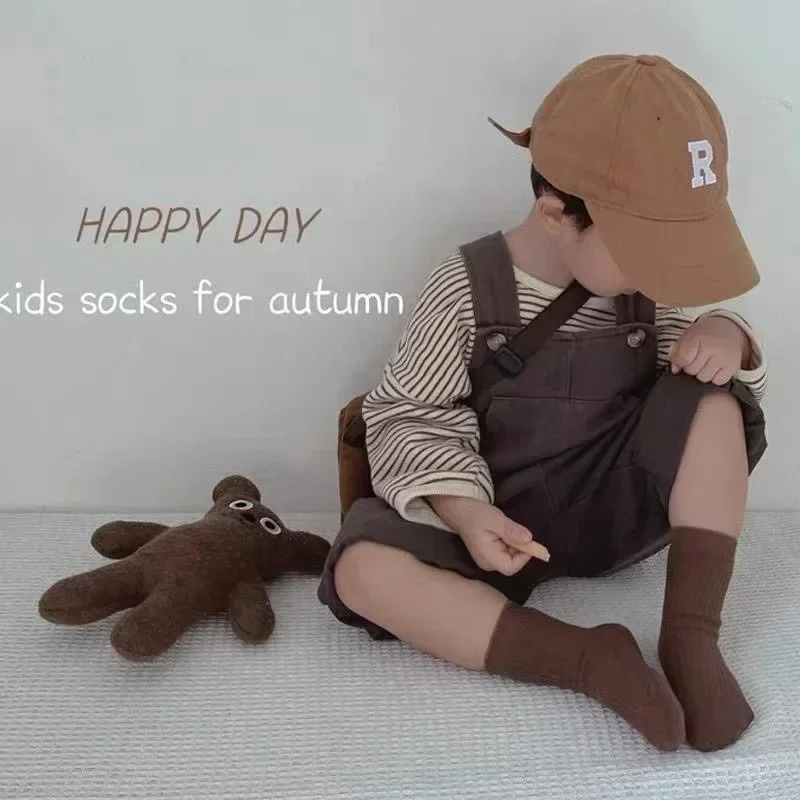 5Pairs Sporty Fashion Kids Calf Sock for Boy Girl Korean Chic Beige Coffee Color Sock Cute Autumn Spring Soft Cotton Sock