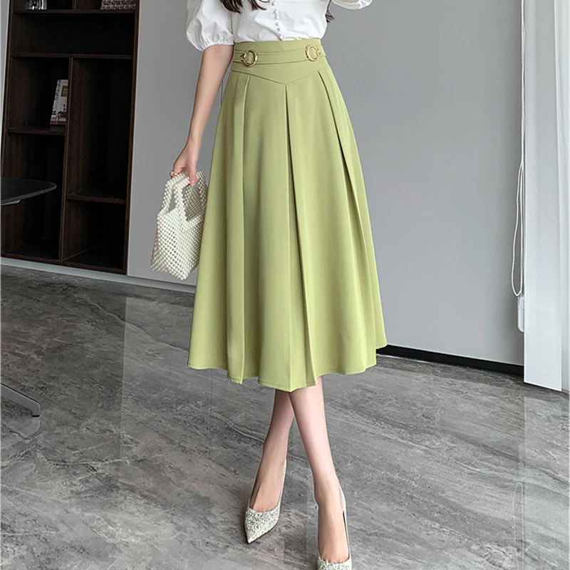 

Office Lady Midi Skirts Casual Women Spring Summer High Waist Pleated Skirt Solid OL Elegant A-line Suit Skirts Harajuku N554