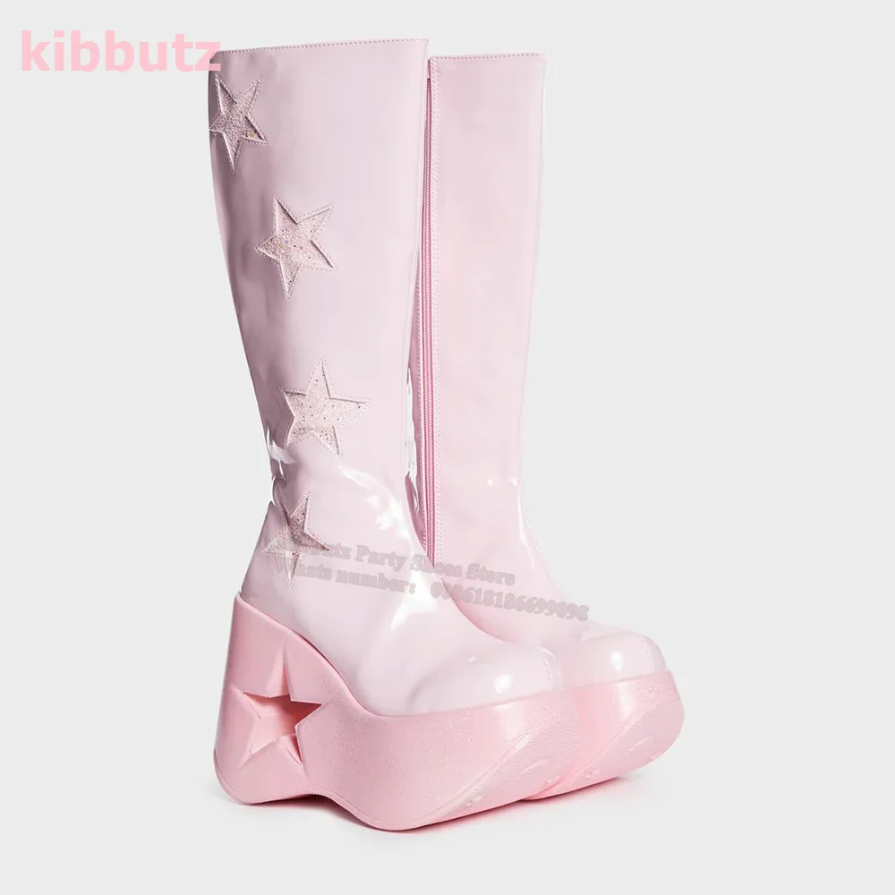 

Platform Round Toe Hight Increasing Knee-High Boots Patent Leather Side Zipper Solid Glossy Fashion Sexy Women Shoes 2023 Newest