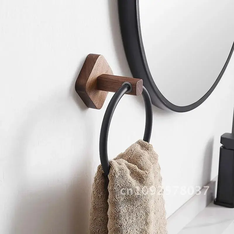 No Punching Bathroom Towel Holder Walnut/Beech Aluminium Wall Mounted Round White/Black Towel Ring Accessories