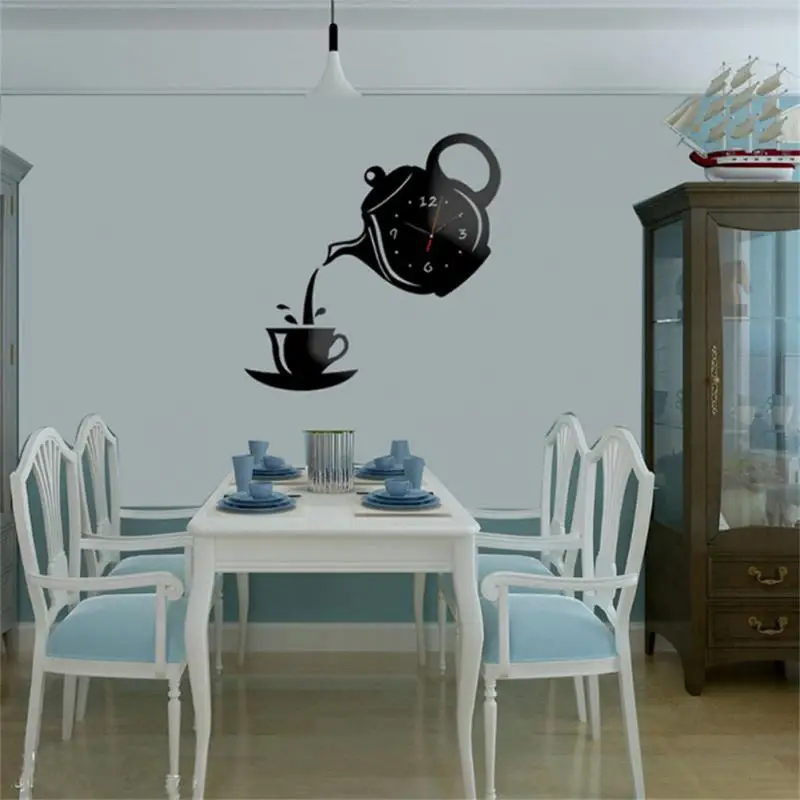 Coffee Cup Teapot Self Adhesive Acrylic Mirror Clock Wall Stickers for Home Living Room Decor Wall Clock Sticker