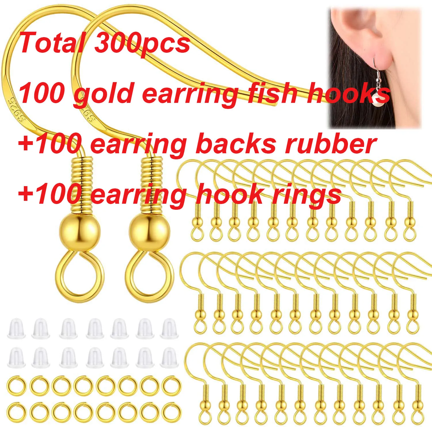 300PCS Gold Earring Hooks 925 Sterling Silver Earring Hooks for Jewelry  Making Hypoallergenic with Earring Backs and Jump Rings - AliExpress