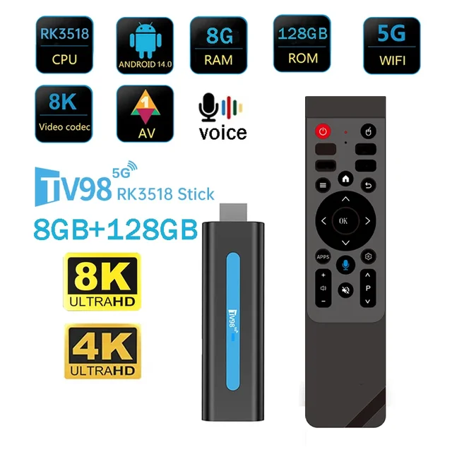 TV98 RK3518 Stick Smart Android 14 RK3518 Support HD 8K 4K Media Player 4G 5G Dual WiFi6 BT5.0 HDR10 8GB 128GB Voice Remote iptv