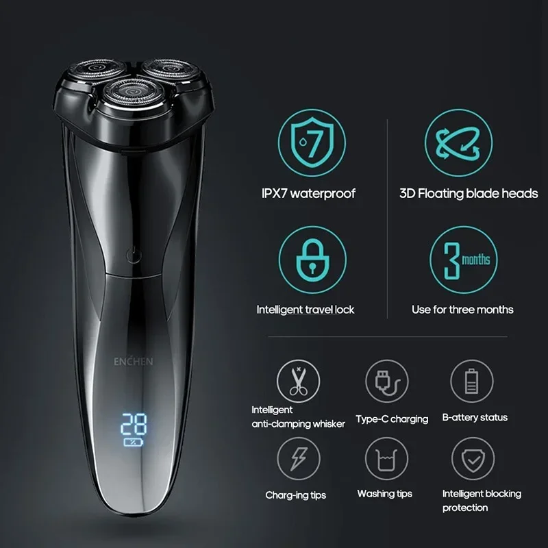 Xiaomi ENCHEN Electric Shaver IPX7 Waterproof Household Dual Use Rechargeable Long Endurance Portable Face Beard Shaving Razor 3