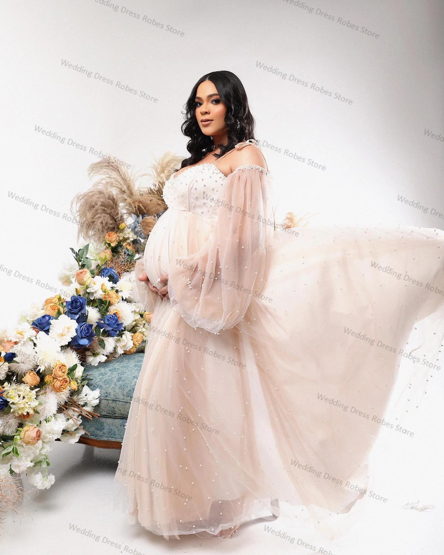 

Pearls Women Prom Maternity Dresses With Full Sleeves Photo Shoot Tulle Robe Pregnant Sleepwear Wedding Nightgown Tailored