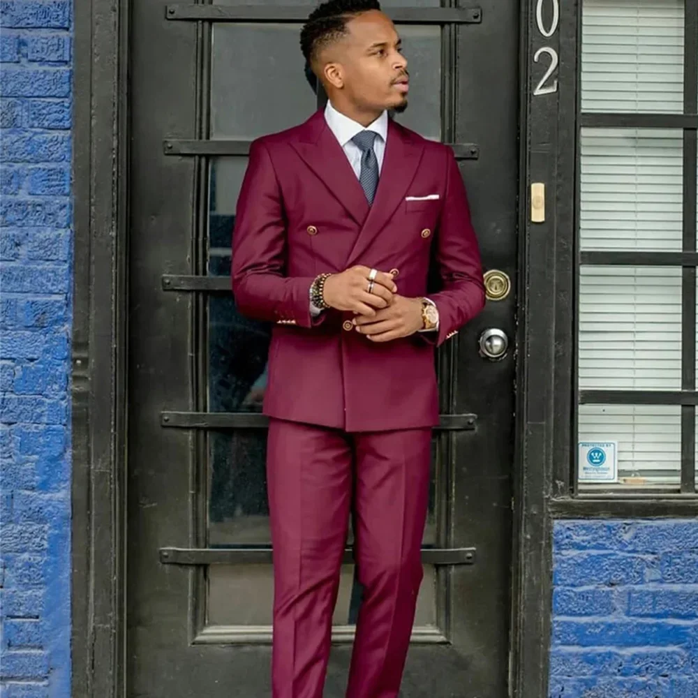 Elegant Red Casual Men Suits Slim Fit Double Breasted High Street Blazer Hombre High Quality Custom 2 Piece Set Costume Homme