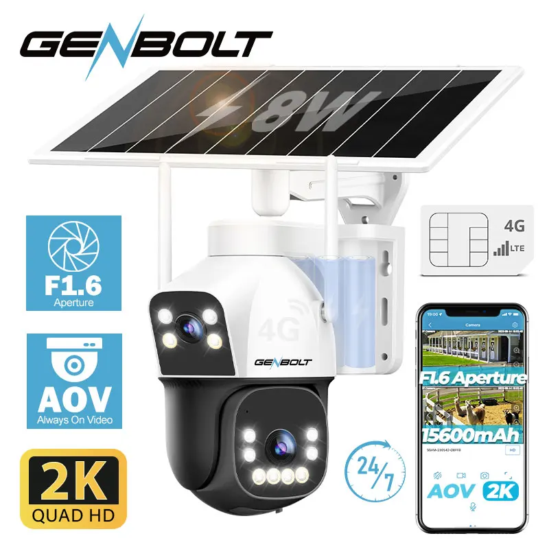 GENBOLT 4G Solar Security Camera No WiFi Outdoor, Dual Lens Spotlight Color Night Vision AOV 24/7 Recording, 8W 15600mAh HCCTV 1