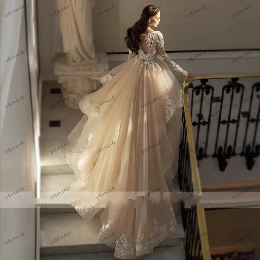Exquisite Wedding Dresses A-Line Tulle Tiered Bridal Gowns Lace Appliques Full Sleeves Glamorous Vestidos De Novia Customized 2